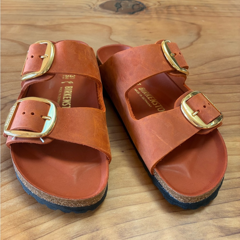 Birkenstock Burnt Orange Sandals with Gold Accents